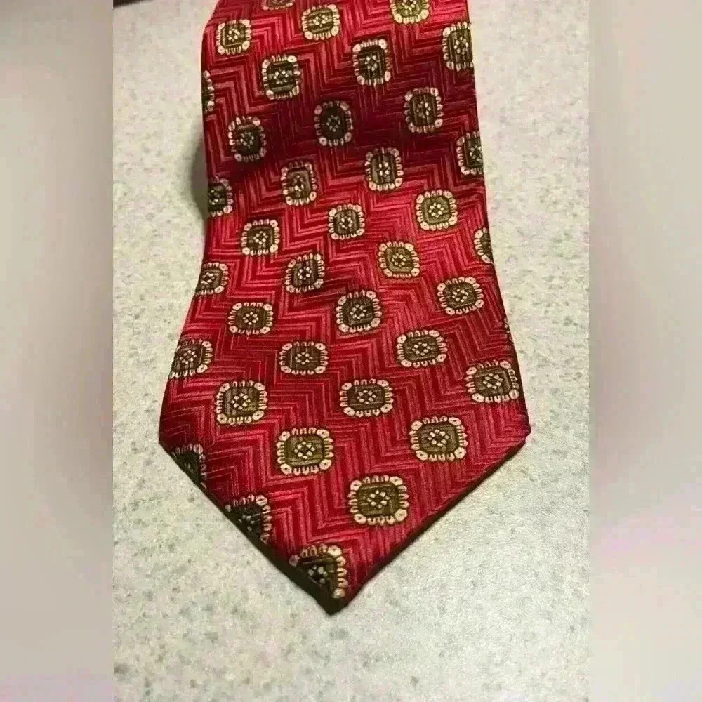 Robert Talbott Silk Necktie Red  Gold Square Print Handsewn